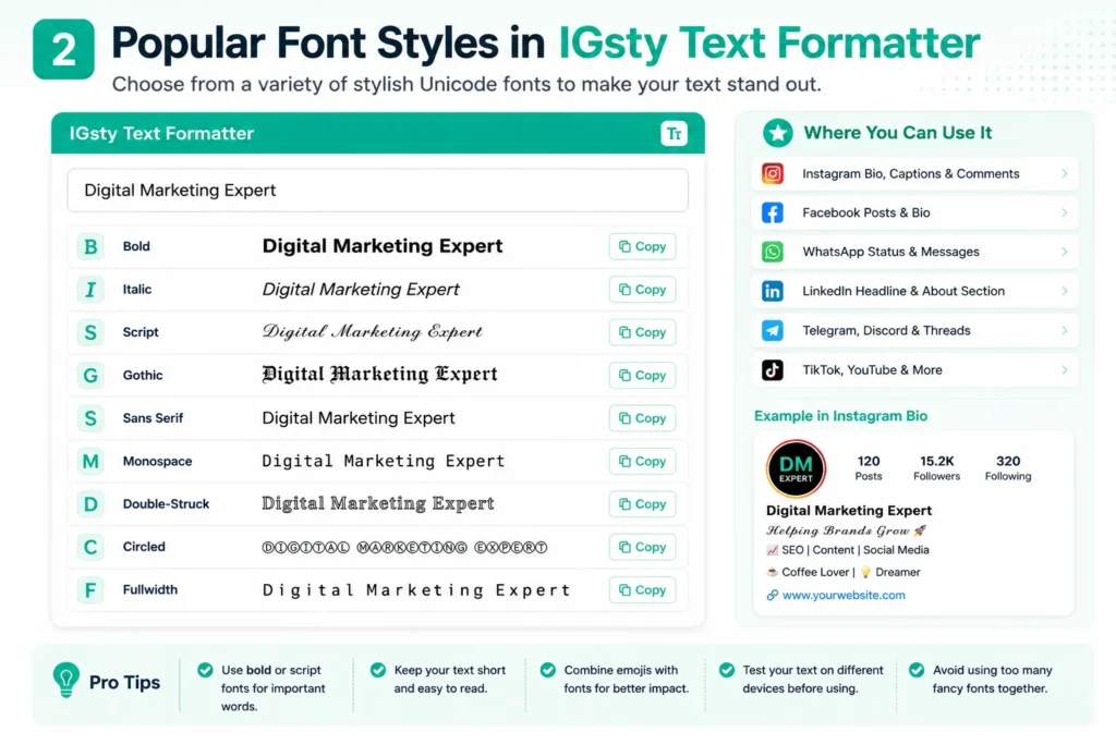 IGsty Text Formatter: The Complete Guide to Creating Stylish Instagram Fonts 3 Popular font styles available in IGsty Text Formatter including bold, italic, script, gothic, sans serif, monospace, and double-struck Unicode fonts